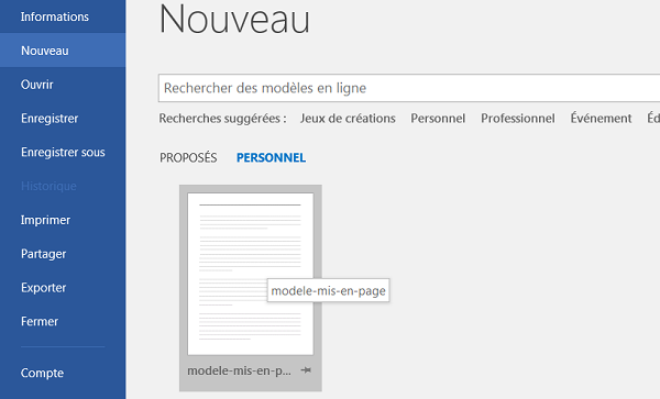 Modèles personnalisés depuis accueil des nouveaux documents