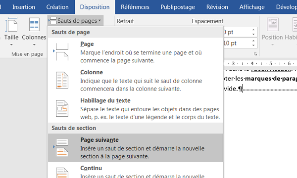 Saut de section page suivante pour alterner orientation page