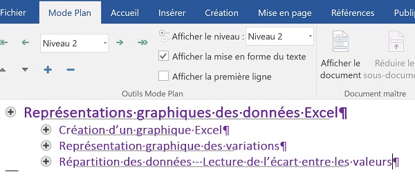 Filtrer sur niveaux hiérarchiques des titres pour afficher le plan résumé du document Word