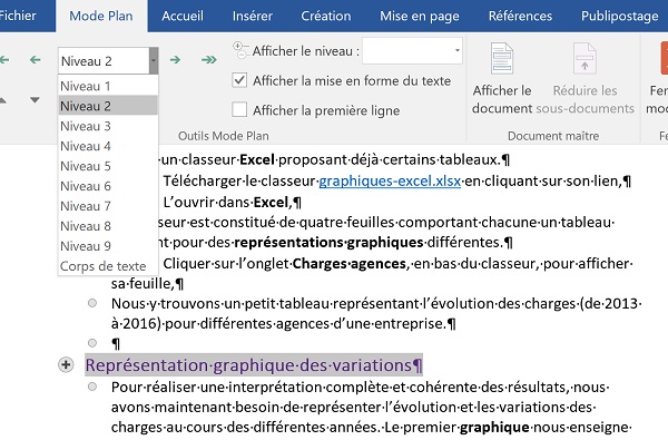 Hiérarchiser un titre au niveau 2 avec le mode plan pour structurer le document Word