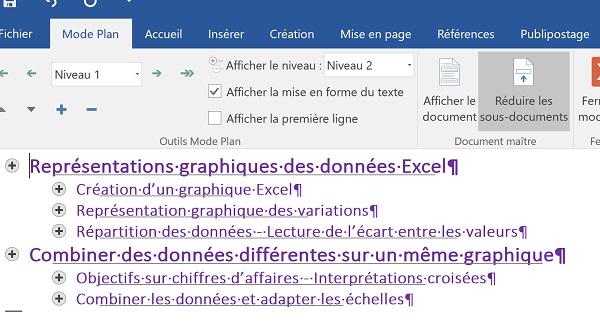 Résumé long document Word grâce au filtre sur les niveaux hiérarchiques en mode plan