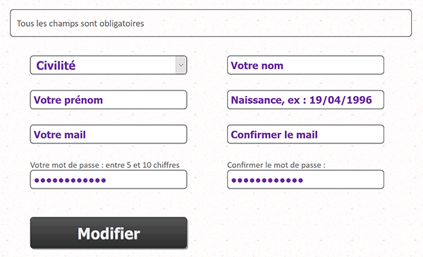 Formulaire Web de compte utilisateur identifié à remplir automatiquement par le code PHP