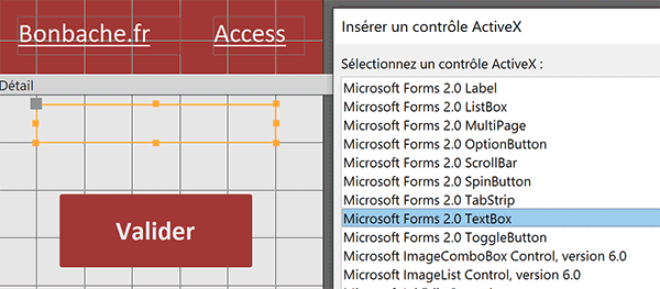 Ajouter un contrôle ActiveX Microsoft Forms TextBox sur le formulaire Access