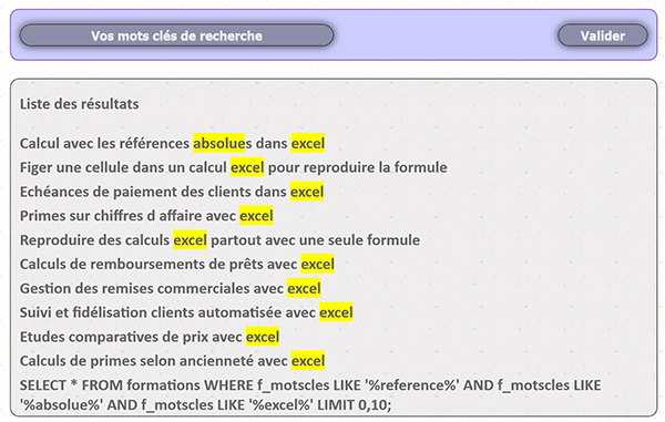 Résultats du moteur de recherche Web Php sur critères recoupés par requêtes Sql sur base de données