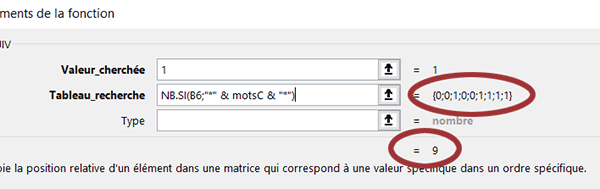 Positions des mots clés trouvés dans le texte avec assistant fonction Excel