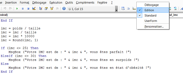 Outils de code VBA Excel dont les commentaires