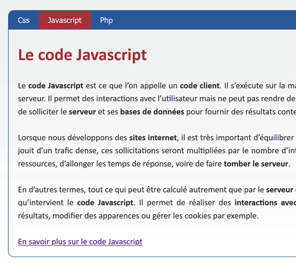 Afficher le contenu des rubriques Html aux clics sur des onglets par le code Javascript