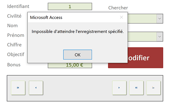 Message d-erreur sur formulaire Access lorsque la fin de la navigation est atteinte