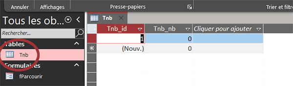 Table Access pour compter le nombre d-ouverture de la base de données