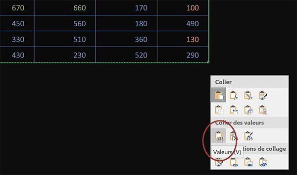 Figer les valeurs aléatoires du tableau Excel par copier coller