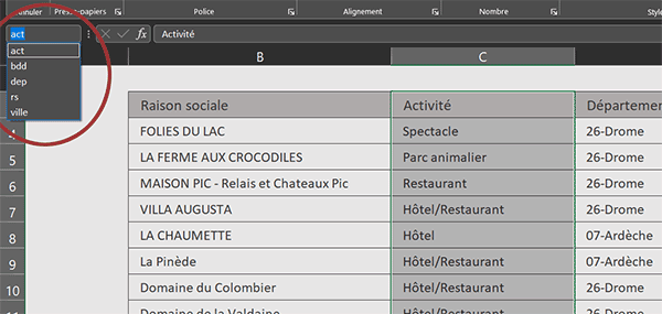 Noms des colonnes et de la base de données Excel