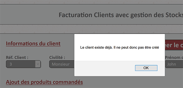 Message serveur Php indiquant que le client existe déjà en base de données MySql