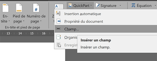 Accéder aux codes de champs Word pour la numérotation automatique des pages dans une forme graphique