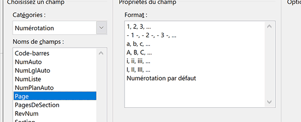 Code de champ Word pour numérotation automatique des pages du document dans entête