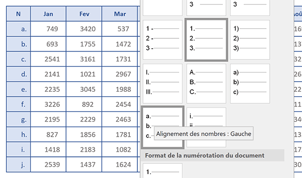 Numérotation automatique des lignes du tableau Word avec des lettres