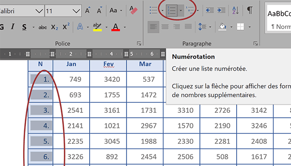 Numéroter automatiquement toutes les lignes du tableau Word