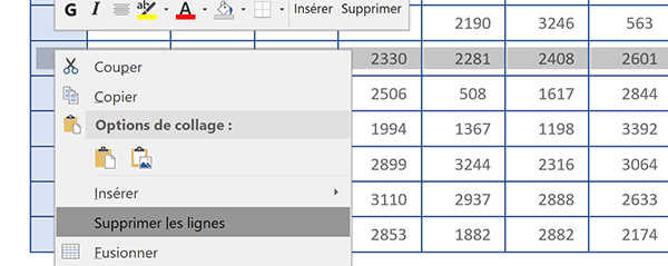 Supprimer une ligne dans un tableau Word pour constater que la numérotation se recompose automatiquement