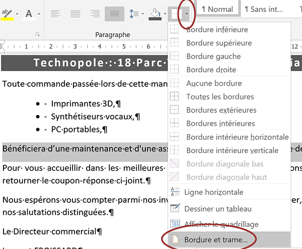 Accéder aux options de bordures de paragraphes Word pour personnaliser les traits