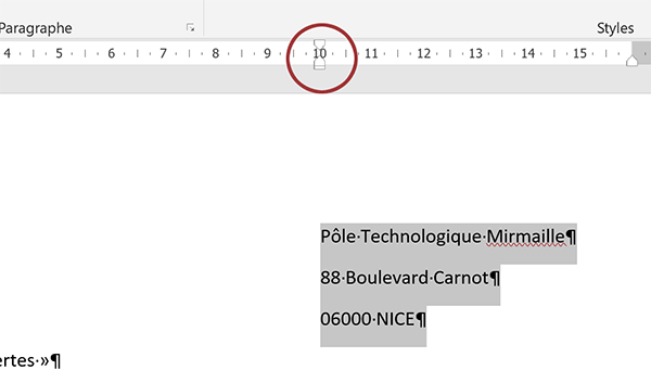 Décaler les paragraphes sur la droite du document Word grâce au retrait gauche sur la règle horizontale