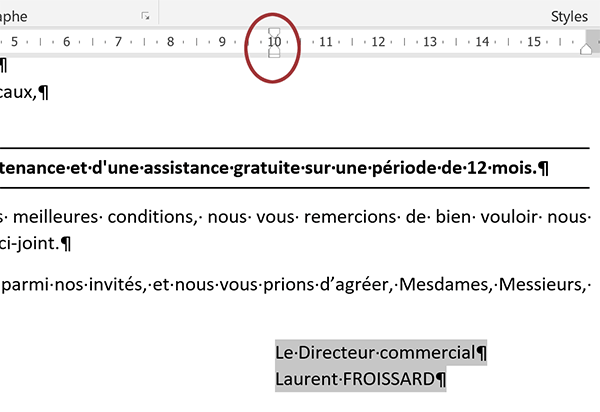 Retrait gauche sur bloc signature identique à décalage bloc adresse pour équilibrer document Word