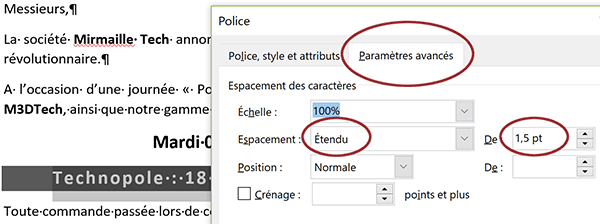 Augmenter espace et distance entre les lettres du paragraphe Word sélectionné