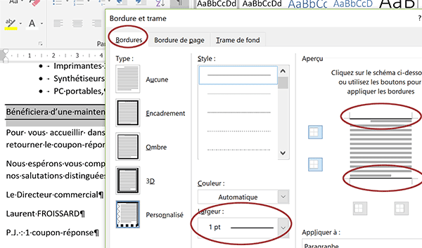 Paramétrer style et emplacement des traits de bordure pour un paragraphe Word