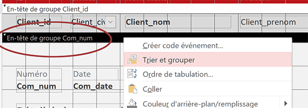 Options en-tête et pied de groupe sur état Access par clic droit sur la section de regroupement