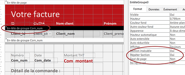 Répéter sections et sauts de page dans état Access pour détacher chaque commande des clients