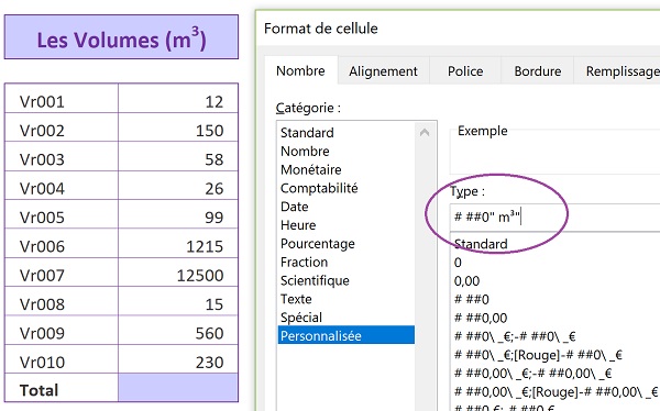 Format numérique personnalisé sur unité de mesure mètre cube pour restituer par bouton de macro