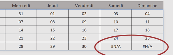Données manquantes pour construire un calendrier Excel par formule