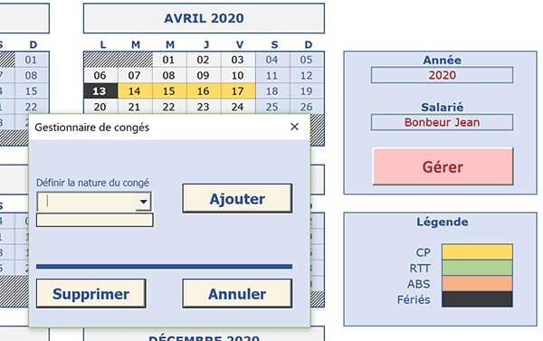 Afficher le formulaire VBA de gestion des congés au clic sur un bouton de la feuille Excel