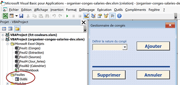UserForm VBA Excel pour gérer les congés des salariés sur la calendrier annuel perpétuel
