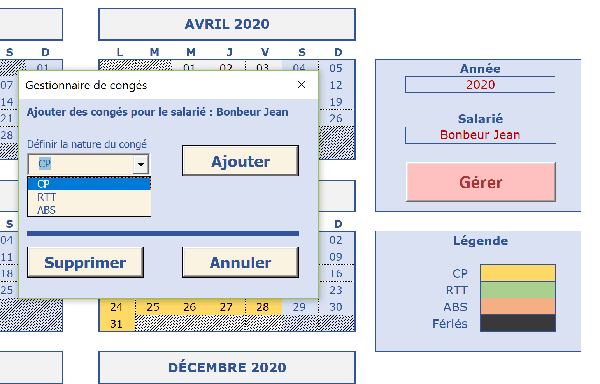 Gérer les congés des salariés par le code VBA sur un calendrier annuel Excel