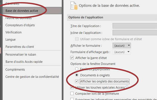 Options Access pour afficher les objets dans des onglets différents