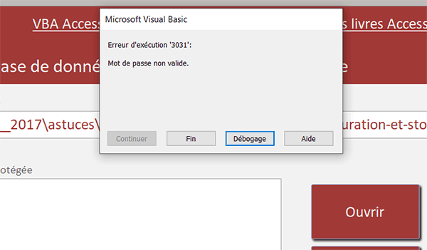 Accès à la base de données Access impossible car protégée par un mot de passe