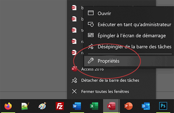 Propriétés de l-exécutable du logiciel Access par clic droit sur son icône