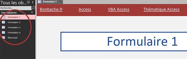 Liste des formulaires de la base de données Access