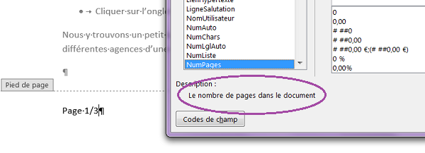 Codes de champ pour numérotation et nombre de pages du document Word