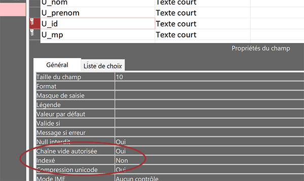 Champ Access de la clé primaire non indexé car paire unique
