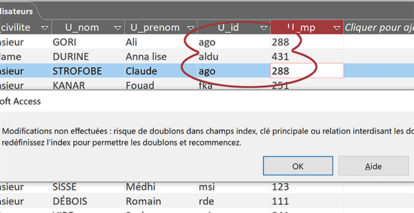 Empêcher la saisie de la paire Identifiant et Mot de passe déjà utilisée dans une table Access