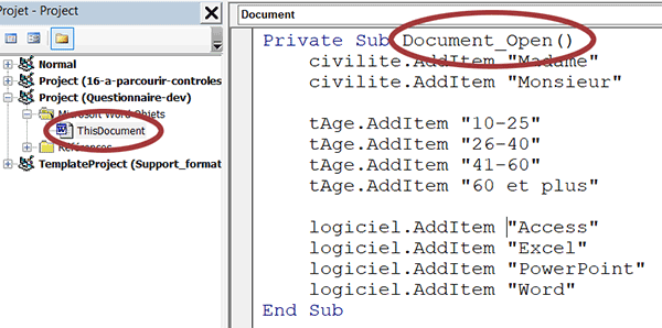 Procédure VBA sur ouverture du document Word pour remplir automatiquement des listes déroulantes