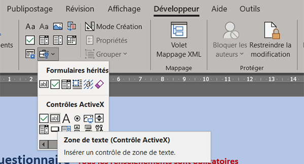 Contrôle ActiveX du ruban Développeur pour formulaire Word