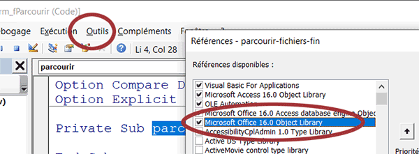 Librairie Office ajoutée au projet VBA Access pour pouvoir piloter les boîtes de dialogue standards