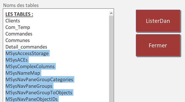 Lister toutes les tables de la base de données Access en VBA