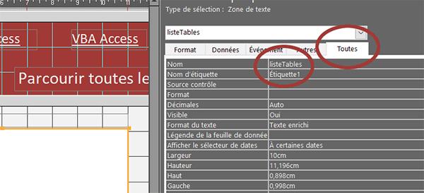 Nom de la zone de texte sur le formulaire Access pour récolter les noms des tables et requêtes