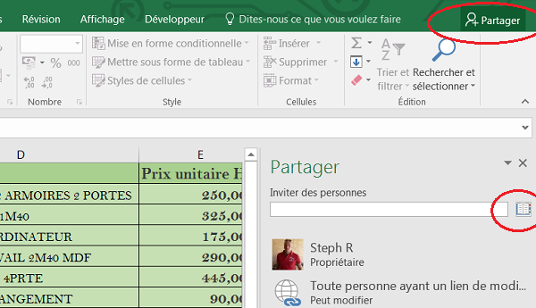 Inviter des personnes au partage du classeur Excel en modification