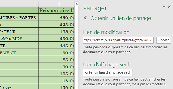 Créer lien de modification pour partage collaboratif Excel