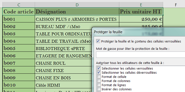 Empêcher saisie cellules par protection feuille Excel