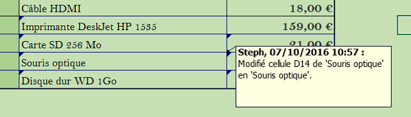 Annotations des modifications dans cellules du classeur partagé