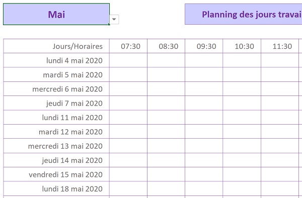 Construction automatique des plannings de travail Excel sans jours fériés, congés et Week End